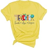 Teacher Shirts Gifts Womens Teach Love Inspire Graphic Cute Tees Vintage T Shirt Fun Shirt Short Sleeve Casual Tops