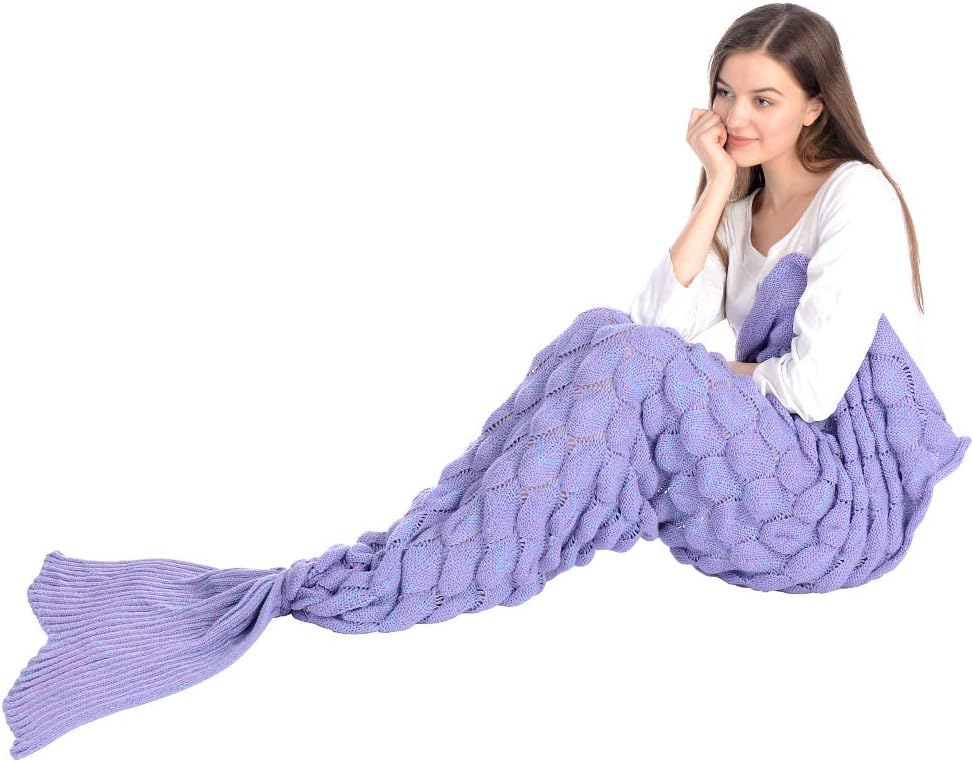 Girls Knitted Crochet Wool Mermaid Tail Blanket With Fish Scale, Soft Warm Living Room Sofa Quilt Sleeping Bag All Seasons in 4 Colors 80.7"x 35.4" (Purple)