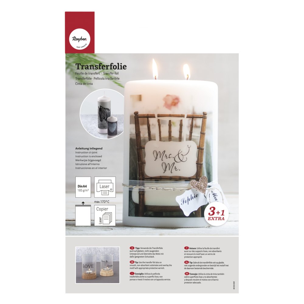 Rayher 31596000 Set of Four Plain Water Slide Decal Paper for Laser Printer, Printable Transfer Paper Sheets, 210 x 297 mm