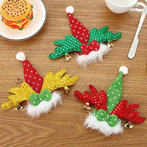 Mlide 3PCS Christmas Hat Decor Santa Claus Tableware Set with Red Wings, Golden Wings, Green Wings-Fork Bags Spoon Cover Dinner Tableware Case