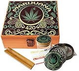 Leaf Design - Large size Sacred Geometry Stash Box with Latch, Grinder & Pop Top Glass Jar Package & Free Accessories Item# LBCS020818-1