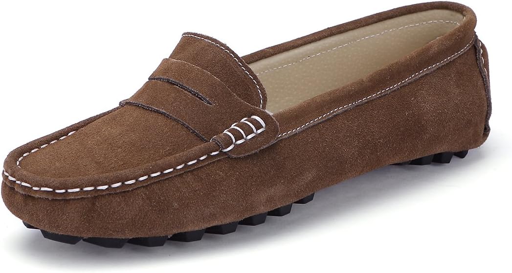 SUNROLAN Women's Casual Leather Driving Slip On Penny Loafers Boat Shoes Flats