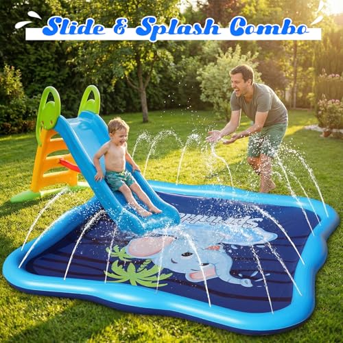 Luxfero Water Jet Mat for Children, 210 cm Reinforced Water Games for Dogs, Adjustable Water Spray Nozzle, Theme Play Mat, Inflatable Children's Water Game for Garden