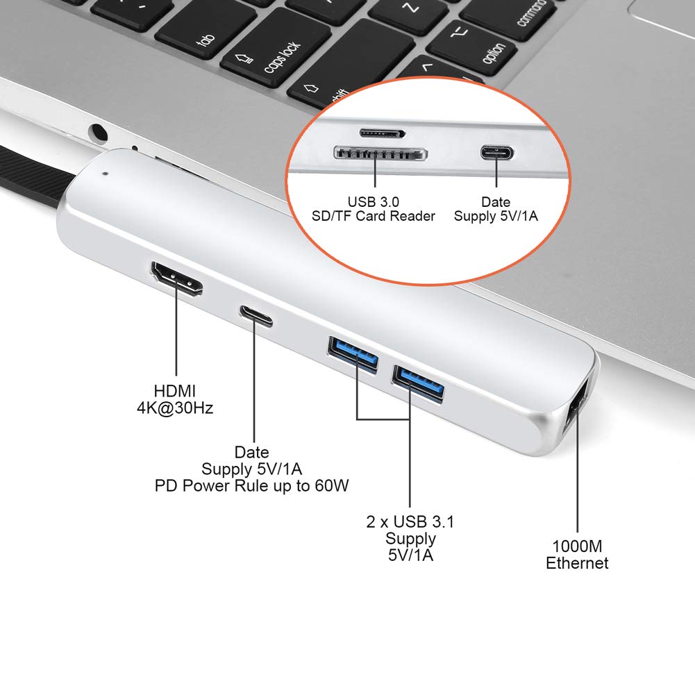 USB C Hub, 8-in-1 Premium Multiport USB C Adapter with Type-C Power Delivery to Gigabit Ethernet Port, 4K HDMI, 2 USB 3.0 Ports, PD Charging & Data Delivering Port, SD/TF Card Reader Protable for MacB