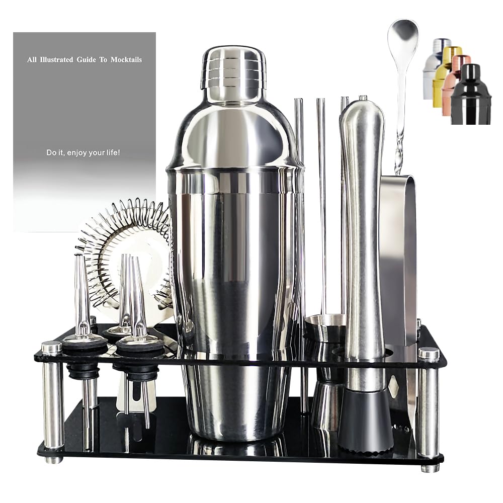 Bartender Kit, 13 Piece Cocktail Shaker Set Stainless Steel Bar Tools with Black Stand, 25 oz Shaker, Jigger, Spoon, Pourers, Muddler, Strainer, Tongs, Recipes
