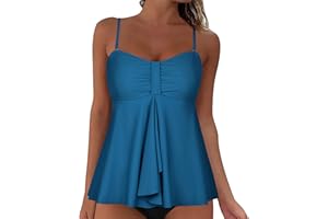 Women's Flowy Tankini Top Bandeau Ruffled Hem Swimsuit Halter Bathing Suit