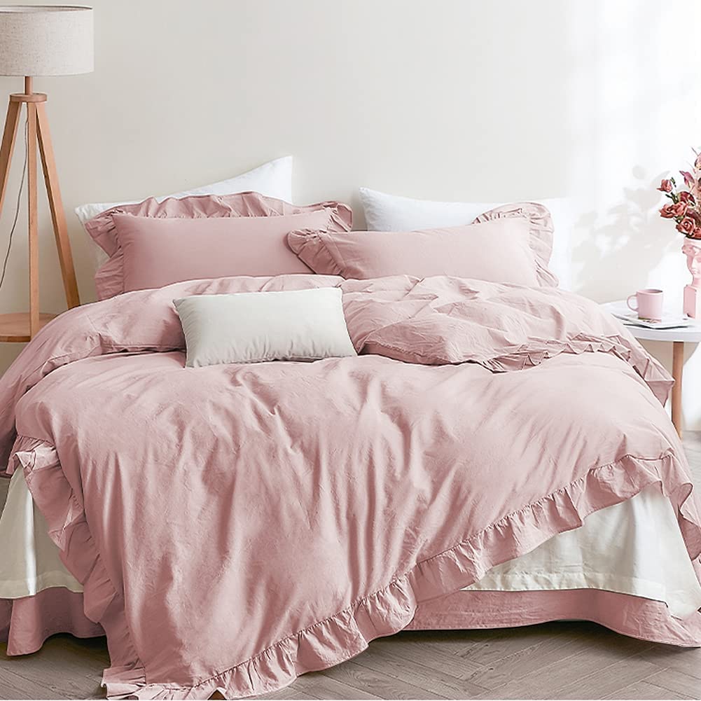 Lanqinglv King Size Duvet Cover Set Pink Ruffle Shabby Chic Bedding Set Washed Microfiber Quilt Duvet Cover Single with Zipper Closure and 2 Pillowcases 50x75cm