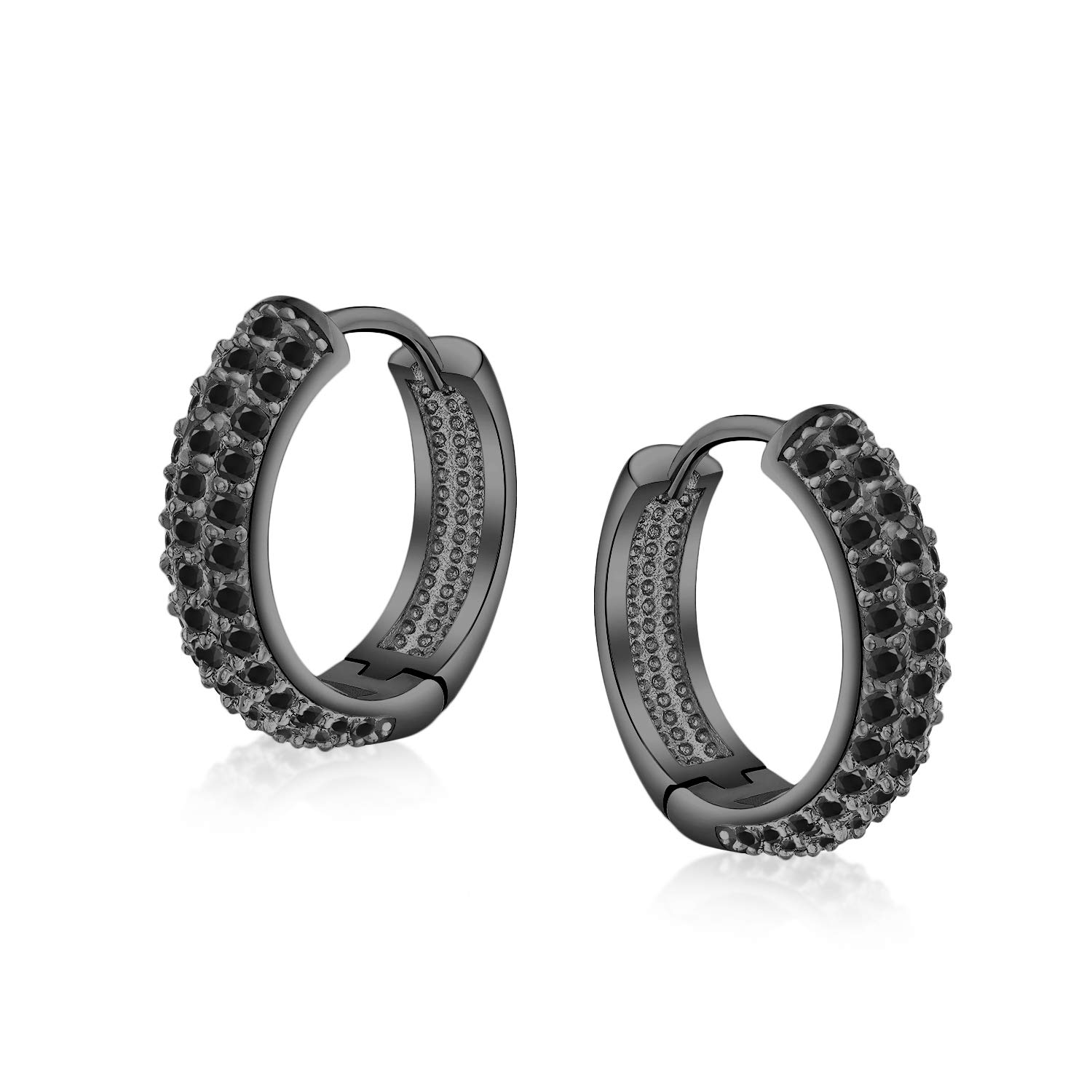 Bridal Fashion Wedding 3 Three Row Cubic Zirconia Pave Black on Black CZ Endless Huggie Hoop Earrings For Women Hinged Black Plated .65 Inch Diameter — image 1