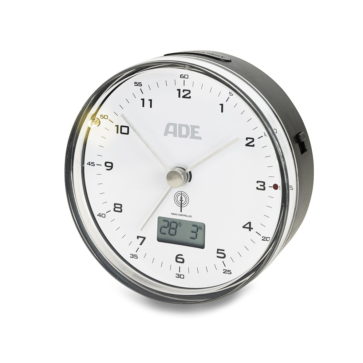 ADE CK1713 Radio Controlled Analogue Alarm Clock Plastic Clock and Thermometer – Black/White, 3.4 x 8.2 x 8.2 cm