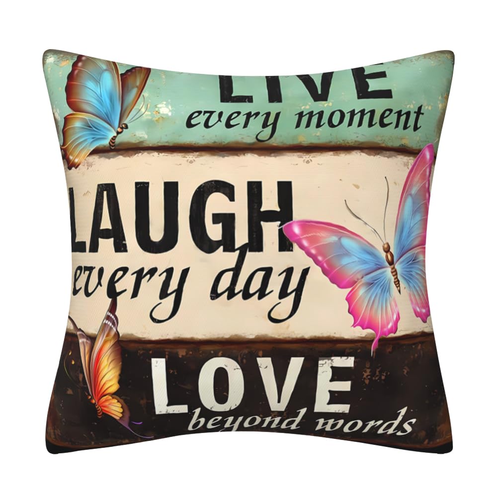 Cushion Covers 45 x 45 cm Laugh Every Day Colourful Butterfly Modern Double-Sided Pillows Covers for Livingroom Sofa Garden Outdoor Couch Decor Pillow Case 18 x 18 inch