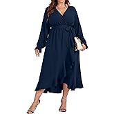 SCOMCHIC Women Plus Size Formal Dresses Fall Long Sleeve Faux Wrap V Neck High Low Ruffle Cocktail Wedding Guest Maxi Dress