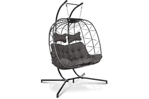 RADIATA Luxury 2 Person Wicker Swing Double Egg Chair with Stand, Rattan Wicker Hanging Egg Chair Hammock Chair with Cushion and Pillow for Indoor Outdoor Bedroom Patio Garden (Grey)