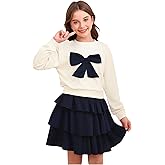 OYOANGLE Girl's Cute 2 Piece Outfits Long Sleeve Bow Sweatshirts and Layered Ruffle Short Skirt Sets
