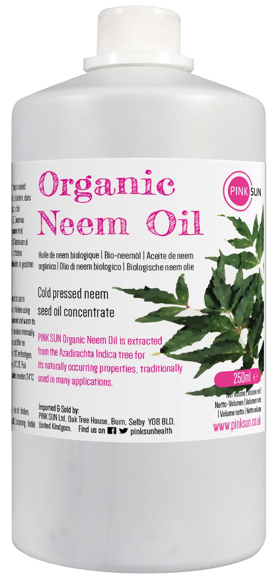 Pure Organic Neem Oil 250ml Cold Pressed Unrefined Virgin Concentrate - Natural for Plants and Pets Horses Dogs Skin and Hair Care PINK SUN