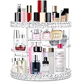 V-HANVER 360 Rotating Makeup Organizer Perfume Organizer Clear Cosmetic Storage Display Case Large Capacity Acrylic Beauty Holder Adjustable Partition Height for Bedroom Dresser or Bathroom Vanity