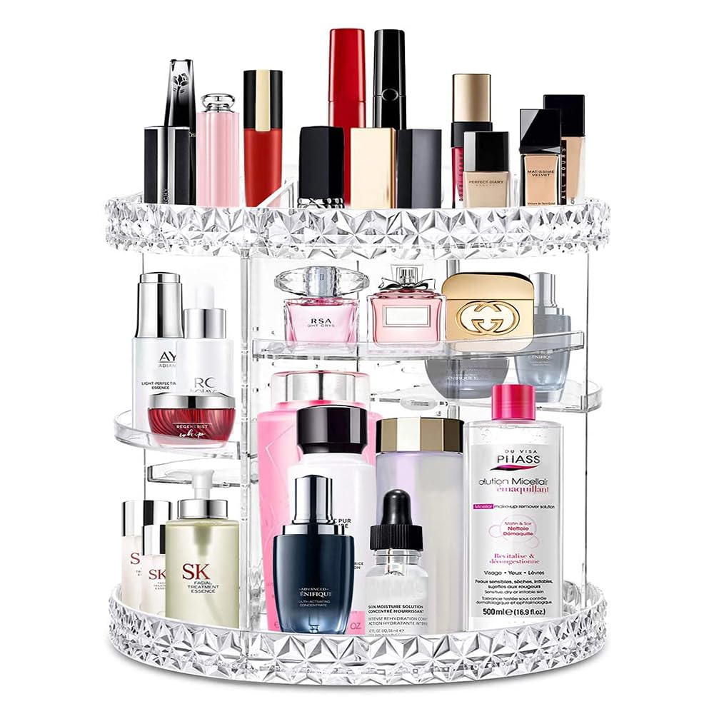 V-HANVER Acrylic Makeup Organiser, Cosmetic Storage and Vanity Perfume Organizer in Countertop Bathroom Dresser, 360 Rotating Makeup Holder Stand for Beauty Caddy Skincare & Clear & Diamond Pattern — image 1