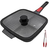 Bobikuke Nonstick 3 Section Grill Pan for Stove Tops, Black | Detachable Handle, Versatile Griddle Pan with Lid, Square Skillet PFOA Free