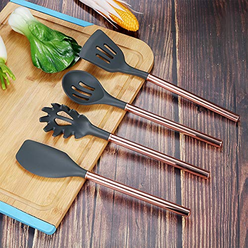 Kitchen Utensil Set - 10 Piece Silicone Cooking Utensil Set - BPA Free & Non Toxic Nonstick Cookware Set with Rose Gold Stainless Steel Handle - Includes Utensil Holder,Turners,Tongs,Spatula & Spoons - Thumbnail 4