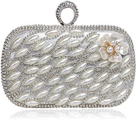 LoriLi High-grade Women's Pearl Flower Clutch Rhinestone Ring Evening Bag(Silver)