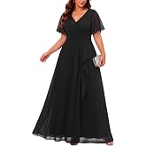 Plus Size Formal Dress Wedding Guest Chiffon V Neck Ruffle Long Dress Women | Women Plus Size Formal Evening Dress Chiffon Wedding Guest Long Dresses Short Sleeves Bridesmaid Dress Elegant Prom Gown