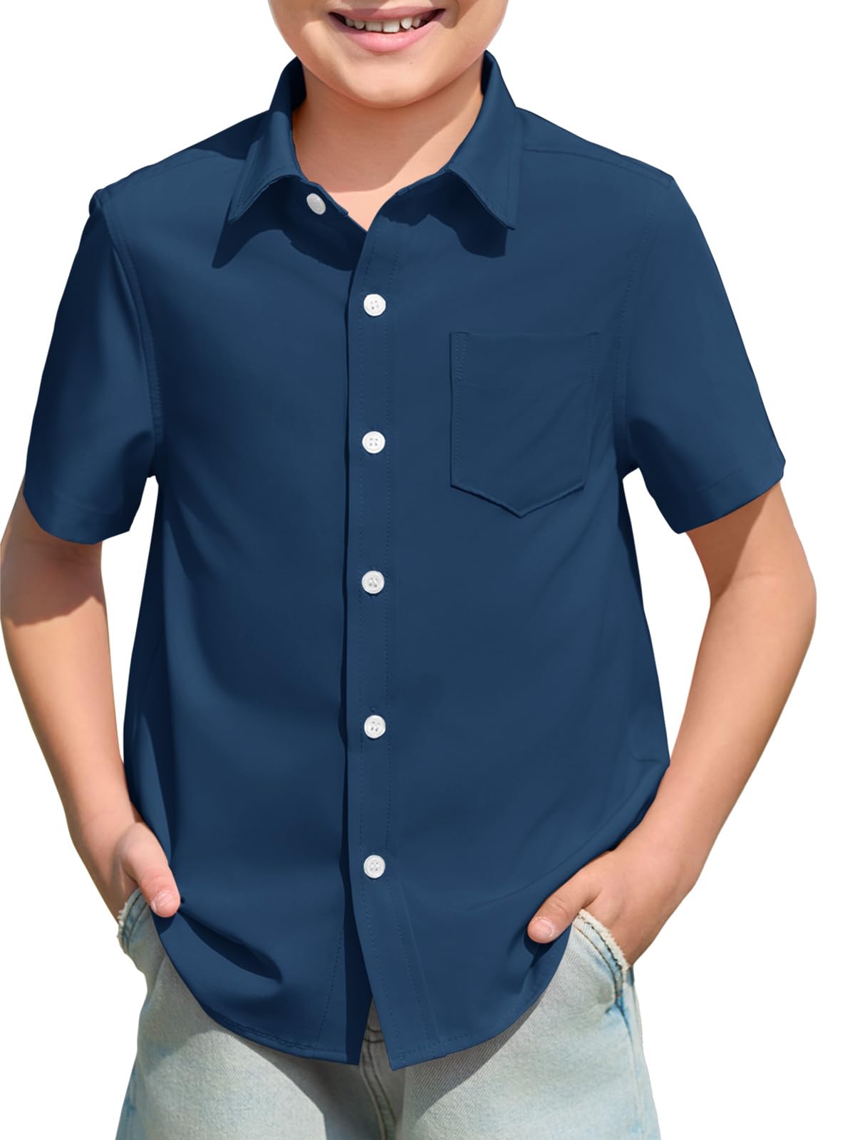 Photo 1 of Haloumoning Boys Dress Shirts Button Down Short Sleeve Shirt Kids Summer Casual Shirts with Pockets 5-14 Years Navy Blue