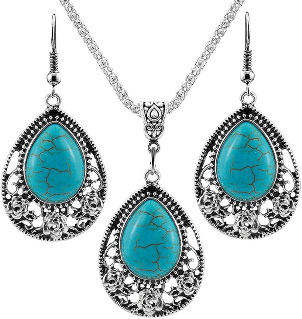Harlorki Fashion Women's Retro Turquoise Rhinestone Earrings Necklace Jewelry Set: Clothing