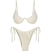 ZAFUL Women's Bikini Sets Ribbed Two Piece Swimsuits Underwire Adjustable Back Clasp Bathing Suit Side Tie Thong Swimwear
