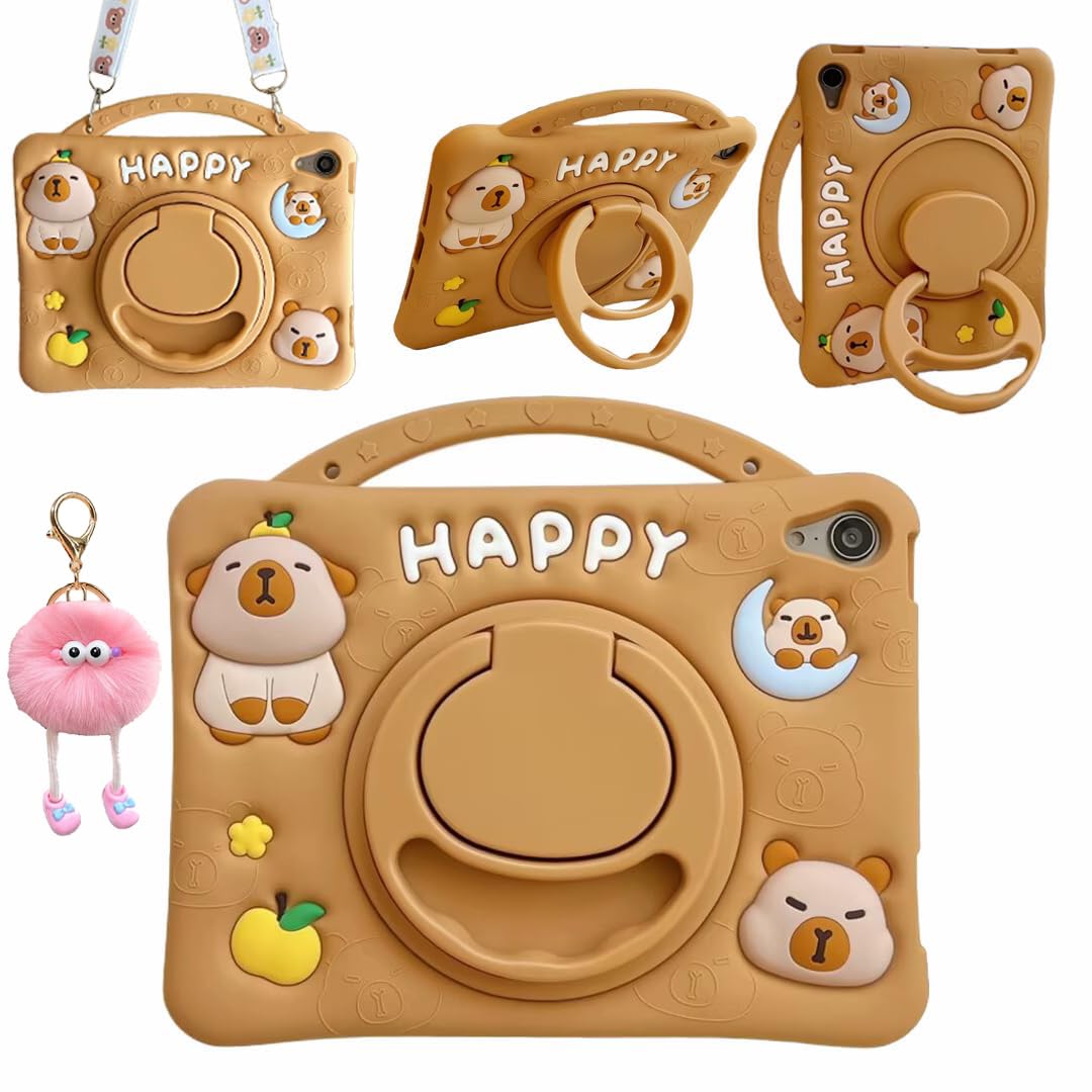 Photo 1 of 3D Cute Press Capybara Case for iPad Air 1st 2nd/iPad Pro 2016/iPad 5th 6th 9.7 inch,Kawaii Cartoon Character Capybara Soft Silicone Rotating Stand Case with Lanyard for Kids Teens Girls Women
