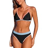 CUPSHE Women's Bikini Sets Two Piece Swimsuit Sexy Bathing Suits V Neck Back Hook Adjustable Straps Color Block