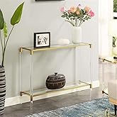 Pemberly Row Two-Tier Acrylic Glass Console Table, Clear Tempered Shelves, Gold Chrome Frame, Sturdy Acrylic Legs, Contempora