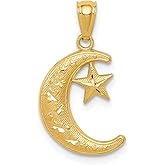 Solid 14k Gold Polished & Textured Moon & Stars Pendant
