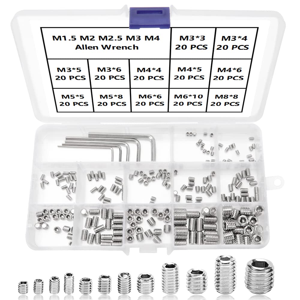 YIXISI 245 PCS Grub Screws Mixed Set, A2 Stainless Steel Cup Point Screw Socket Assortments, Metric Thread Socket Allen Key Grub Screws Set (M3 M4 M5 M6 M8) with Allen Key Wrench