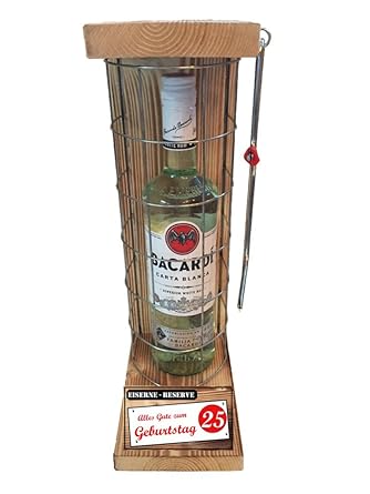 'Alles Gute zum 25 Geburtstag' Die Eiserne Reserve mit einer Flasche Bacardi Rum 0,70L incl. Bügelsäge zum aufschneiden des M