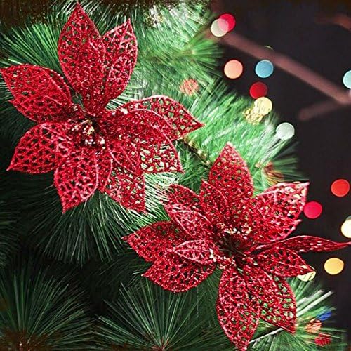Ninko 10 Pieces 15 cm Artificial Hollow Poinsettia Red Flower With Shining Edge For Christmas Tree Wreath House Decoration Flower With Shining Edge