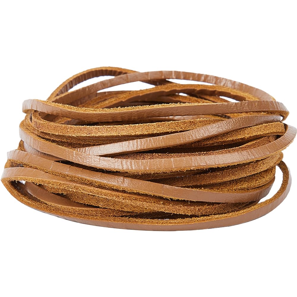 GORGECRAFT 5m Genuine Leather String 3mm Wide Flat Leather Cord 2mm Thick Cowhide Rope Braiding Thread for DIY Crafts Necklace Bracelets Anklet Keychains Boot Lace Jewelry Making Supplies, Chocolate