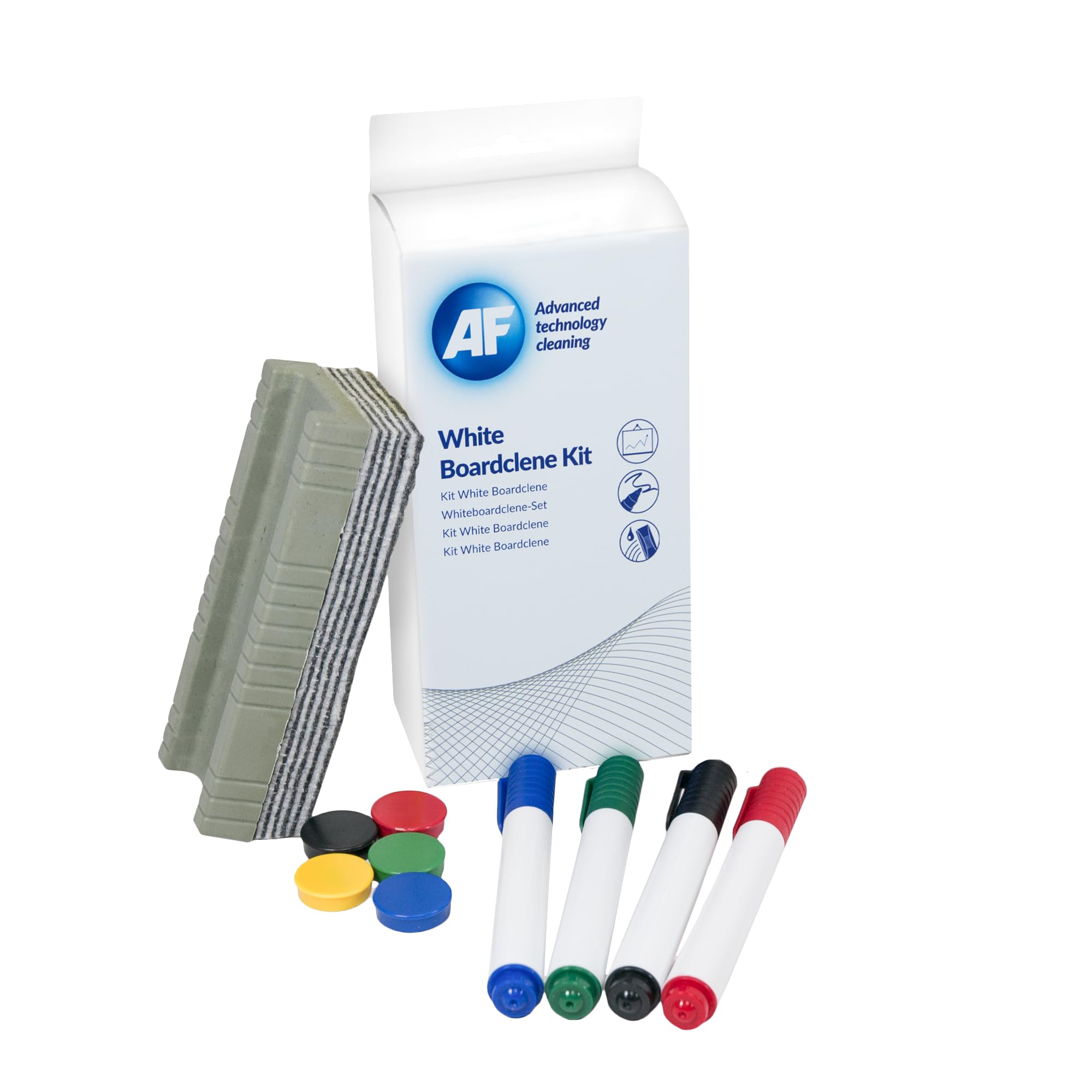 AF Complete Whiteboard Cleaning Kit - 125ml White board Cleaning Spray Solution, Magnets, Peelable Eraser, Pens and Absorbent Cloths, Ideal starter kit for all home office, classroom labs etc (WBK000)