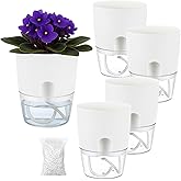 Planterhoma 5 Pack Self Watering Pots for Indoor Plants, 4 Inch Plant Pot Plastic Self Watering Planter for Orchid, African Violet, Small Clear Flower Pots with Drainage Holes and Wicking Rope, White