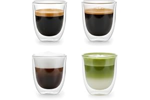 5oz / 150ml Double Walled Espresso Cups, Set of 4 - Glass Coffee Mugs for Cortado, Lungo & Nespresso - Clear Thermal Insulate