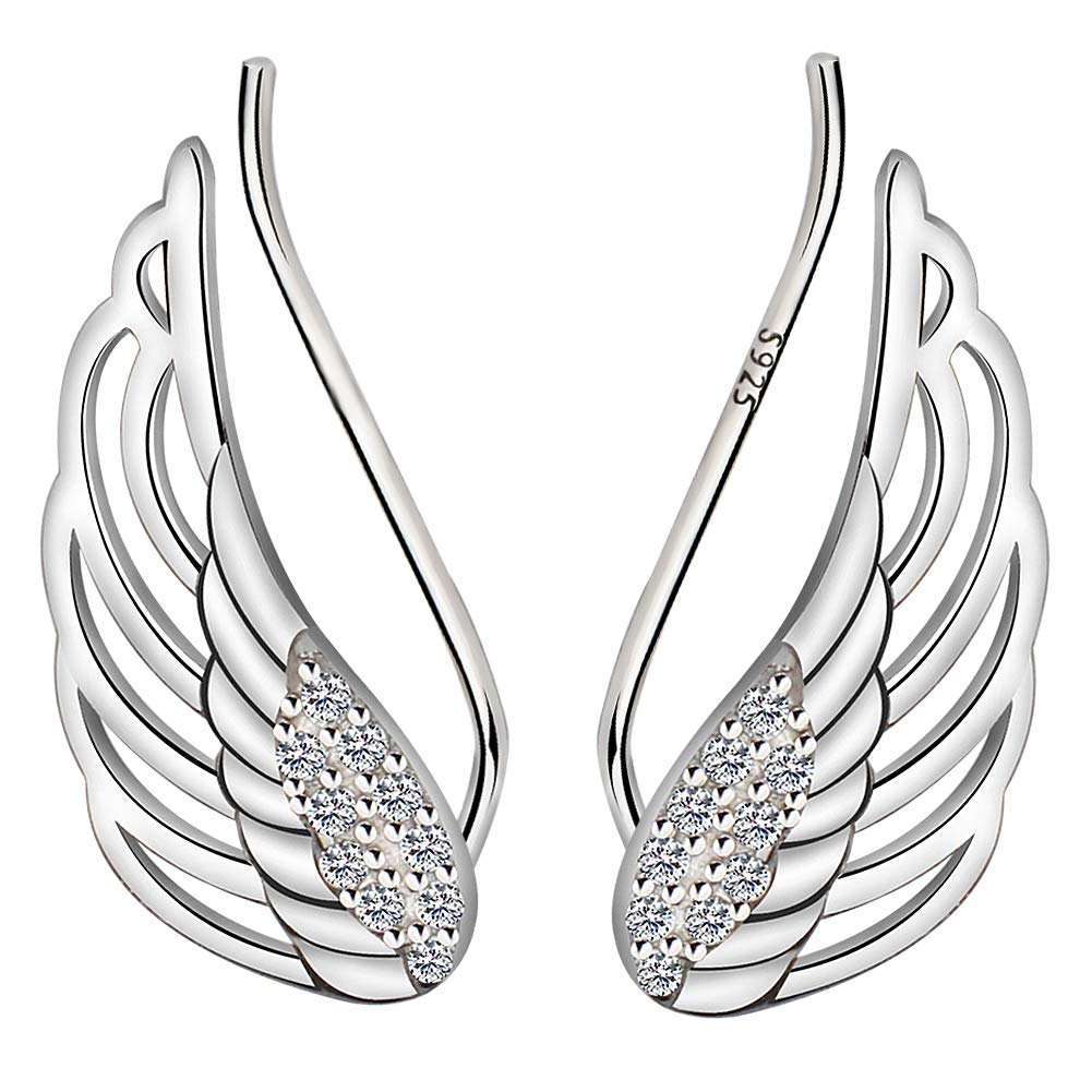 Meyiert Women's 925 Sterling Silver Small Elegant Angel Wing Zirconia Cuff Ear Hook Climber Earrings (White)