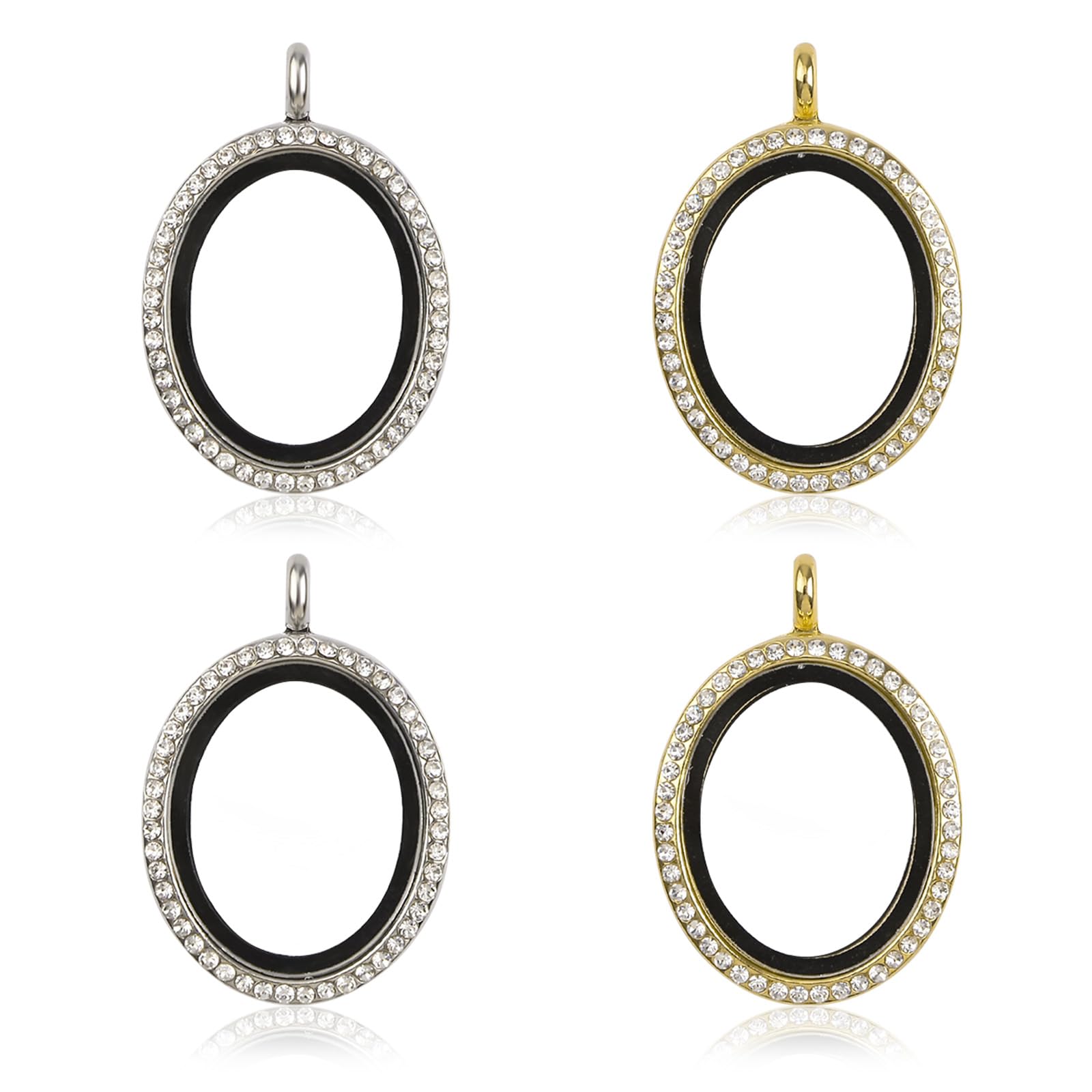 WANDIC Rhinestone Photo Charm, 4 Pcs Oval Shaped Crystal Picture Frame Bouquet Charm, Memory Locket for 2 Photos