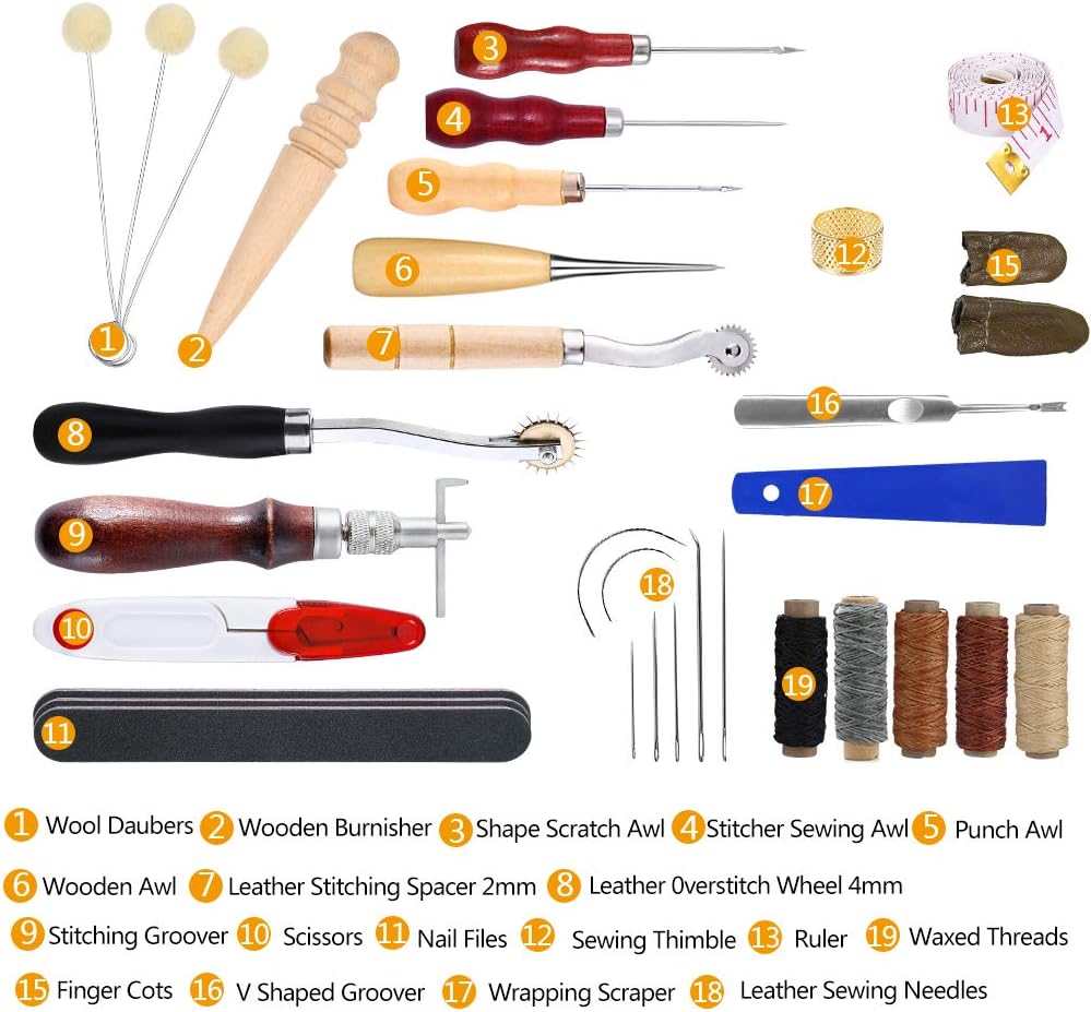34 Pcs Leather Tool Kit, Leather Working Tools, and Supplies, Leather Sewing Kit with Leather Thread, Leather Sewing Needles, Groover, Thimble, Awl, Instructions and Leather Accessories