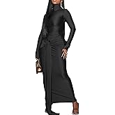 Vakkest Women's Long Sleeve Formal Maxi Dress Bodycon Elegant Ruched Tie Front Party Wedding Guest Evening Dresses