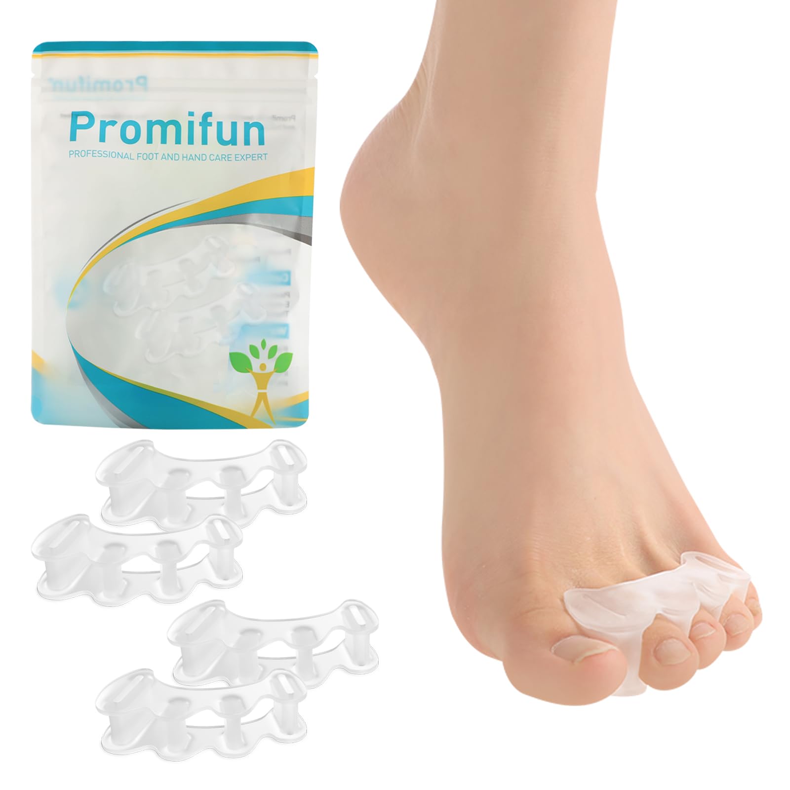 Promifun Toe Separators, 2 Pairs of Soft Gel Toe Spacers for Correcting Bunions, Toe Stretcher for Relieving Plantar Fasciitis, Claw Toe, Hammertoe, Foot Pain in Men and Women (Clear + S)