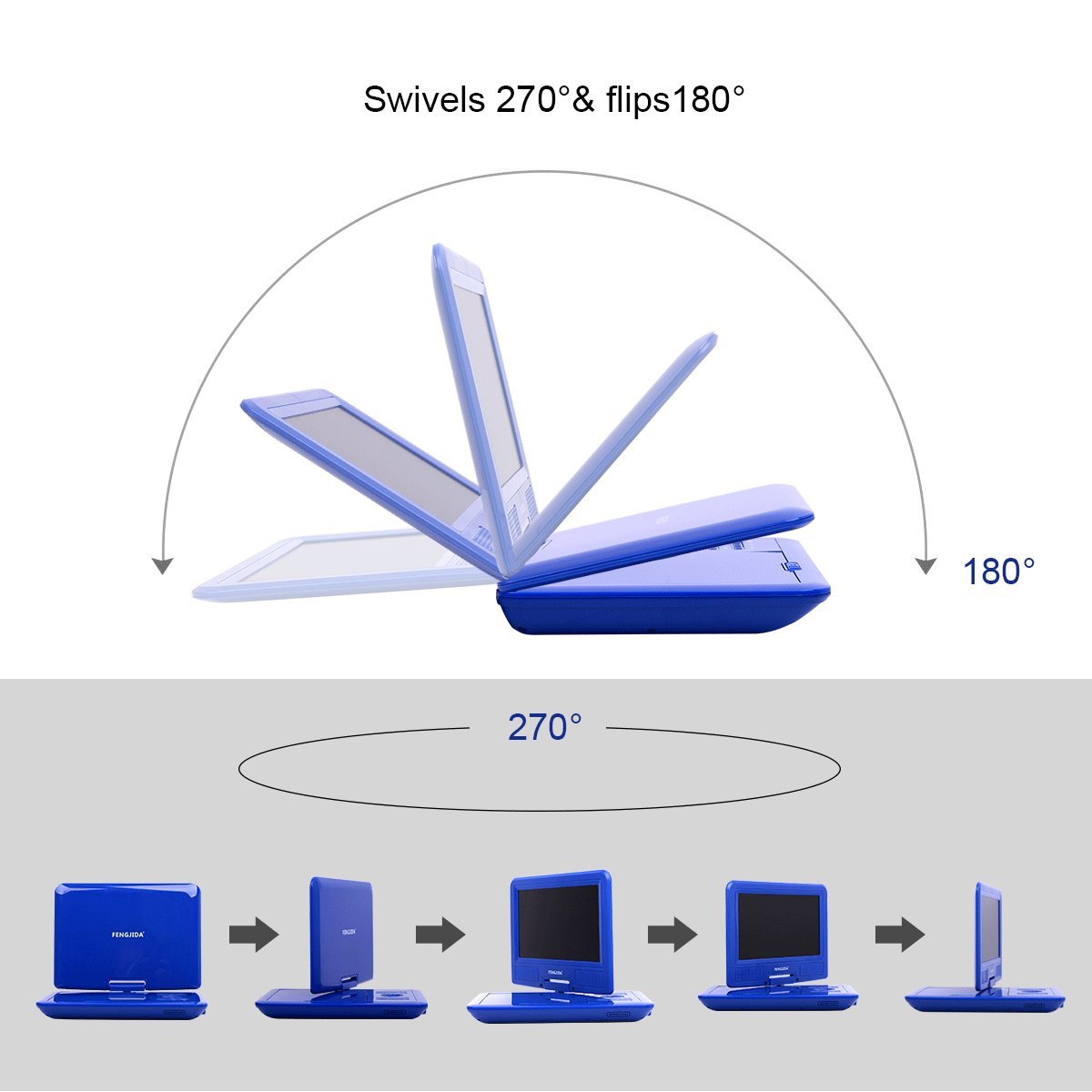 FENGJIDA 9.5\'\' Portable DVD Player, Car DVD Player Headrest Mount, Swivel Screen, Built-in Rechargeable Battery, Remote Control, SD Card Slot USB Port - Blue