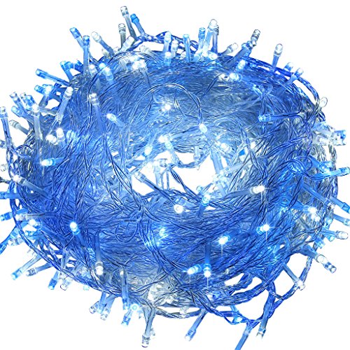 Excelvan Safe 24V 8 Modes 250 LEDs 50m/164ft Dimmable String Lights Fairy Lights DC Transformer with Transparent String for Bedroom Patio Garden Gate Yard Party Wedding Decoration (White+Blue)