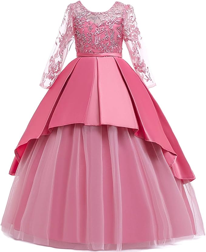 Girls Flower Dress Embroidery Lace Tulle Party Dress Wedding