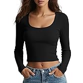 Women’s Long Sleeve Shirts Scoop Neck Crop Tops Ribbed Basic Casual T Shirt Fall Outfits