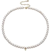 XYJZXY Pearl Necklace with Golden Charm, 18-Inch Adjustable Chain, 5-6mm White Pearls, Women Pearl Choker Necklace, Handmade Jewelry
