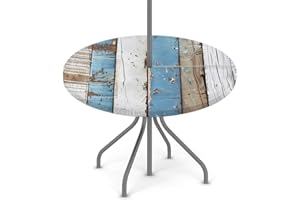 Peaom Rustic Beach Wooden Outdoor Tablecloth with Umbrella Hole, Round Elastic Fitted Table Cloth with Zipper, Waterproof Pic