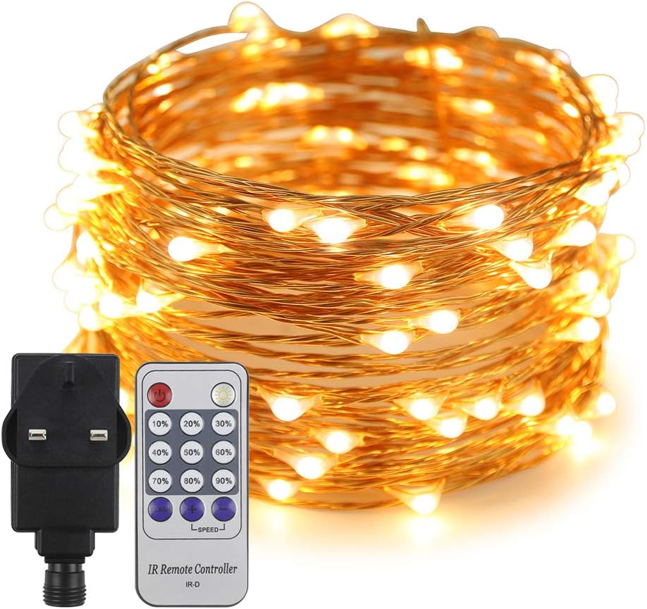 Erchen Plug in Fairy Lights, 33 FT 10M 100 LED Dimmable Copper Wire LED